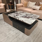 Contemporary Marble-Top Storage Coffee Table with Natural Wood Veneer Accents